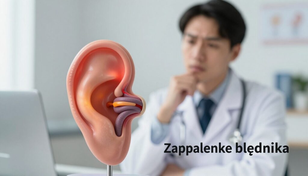 A vivid representation of the inner ear, specifically the labyrinth structure, symbolizing "Zapalenie błędnika" in a professional and informative manner. In the foreground, showcase an anatomical model of the inner ear with highlighting details, such as inflammation depicted in warm hues like reds and oranges. In the middle ground, introduce a figure in professional attire, perhaps a doctor or specialist, examining the model thoughtfully, showcasing concern. The background can feature a blurred medical office setting with soft lighting, emphasizing a calm yet serious atmosphere. Use a shallow depth of field to keep the focus on the inner ear model while giving the scene depth. The overall mood should convey an educational theme about the connection between labyrinthitis and stress, guiding the viewer's understanding.