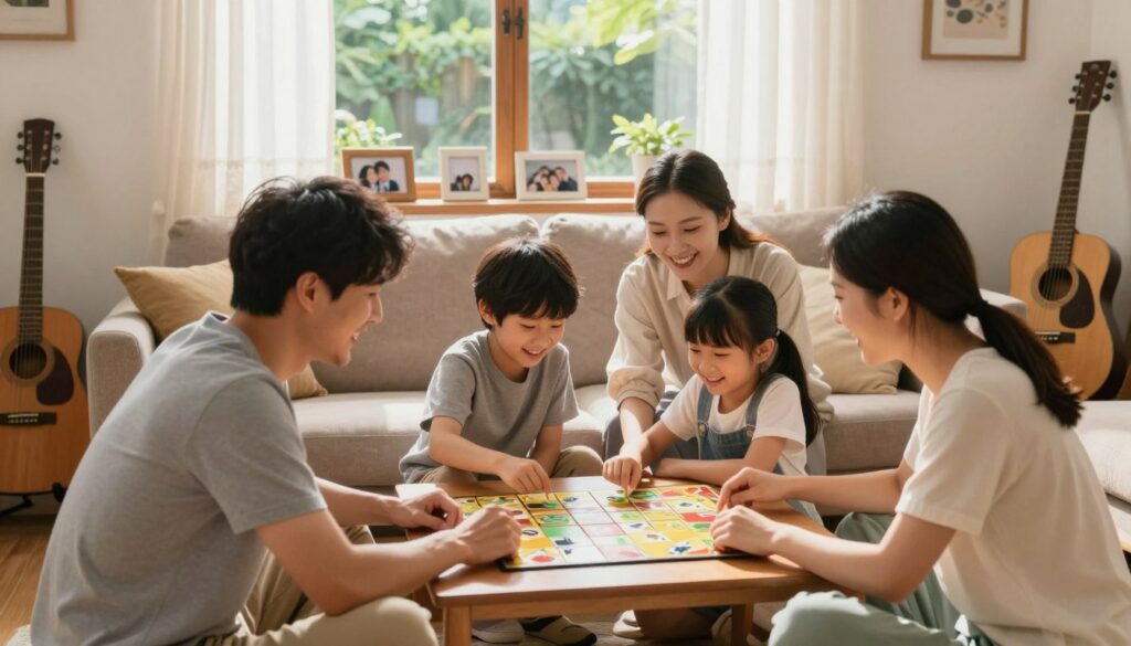 A warm and inviting family scene focused on a musician's home life, showcasing a loving family in a cozy living room. In the foreground, a close-knit family of four, dressed in modest casual clothing, is engaged in a joyful activity, perhaps playing a board game or sharing a laugh. The middle ground features a comfortable sofa, surrounded by personal touches like family photos and musical instruments. In the background, a softly lit window shows a glimpse of a peaceful garden, with sunlight filtering through sheer curtains, adding warmth to the atmosphere. The image captures the essence of family life, emphasizing love, connection, and the everyday moments that define a musician's life off the stage. The mood is cheerful and harmonious, reflecting a sense of belonging and togetherness.