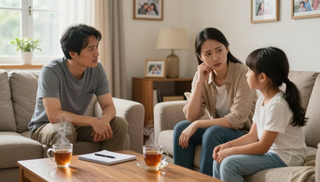 A warm and inviting living room scene, capturing a serene moment of conversation between parents and their adult child. In the foreground, the family sits on a comfortable sofa, engaged in an earnest discussion. The parents, dressed in modest casual clothing, show expressions of concern and empathy, while the child appears open and vulnerable. In the middle background, a small coffee table holds a steaming cup of tea and a notepad with a pen, symbolizing a supportive environment. Soft, natural light filters through a nearby window, casting a gentle glow that enhances the intimate atmosphere. Framed family photos adorn the walls, further evoking a sense of safety and connection. The overall mood is warm, supportive, and encouraging, emphasizing a good time and place for meaningful dialogue.