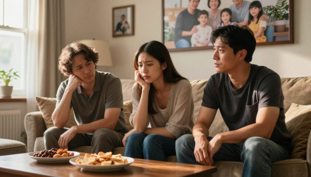 A warm and inviting scene depicting a family gathering in a cozy living room. In the foreground, two adults sit side by side on a comfortable couch, dressed in modest casual clothing, their expressions a mix of anticipation and nervousness. A soft light illuminates their faces, highlighting the emotional weight of the moment. In the middle background, a large family photo hangs on the wall, symbolizing love and connection. A coffee table holds a variety of comforting snacks, subtly suggesting a supportive atmosphere. The background features a window with gentle sunlight streaming in, casting a calming glow over the room. The overall mood is heartfelt and intimate, capturing the essence of a significant conversation about family and emotions.