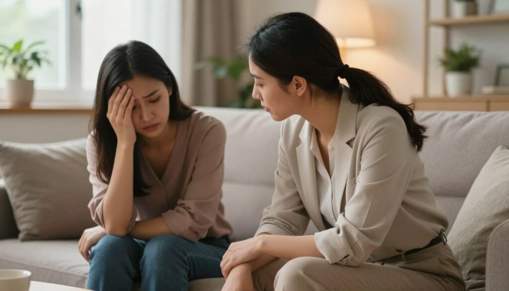 A warm and supportive scene depicting two individuals engaged in a heartfelt conversation on a cozy sofa in a softly lit living room. In the foreground, a caring friend, dressed in casual but professional clothing, leans slightly forward, showing empathy and attentiveness, while the other person, who appears to be struggling with depression, sits with a reflective expression. The background features gentle lighting from a nearby window, casting a soothing glow, and plants that add a sense of tranquility. The atmosphere is nurturing, emphasizing connection and understanding. The composition uses a shallow depth of field to keep the focus on their expressions, highlighting the importance of support during difficult times.