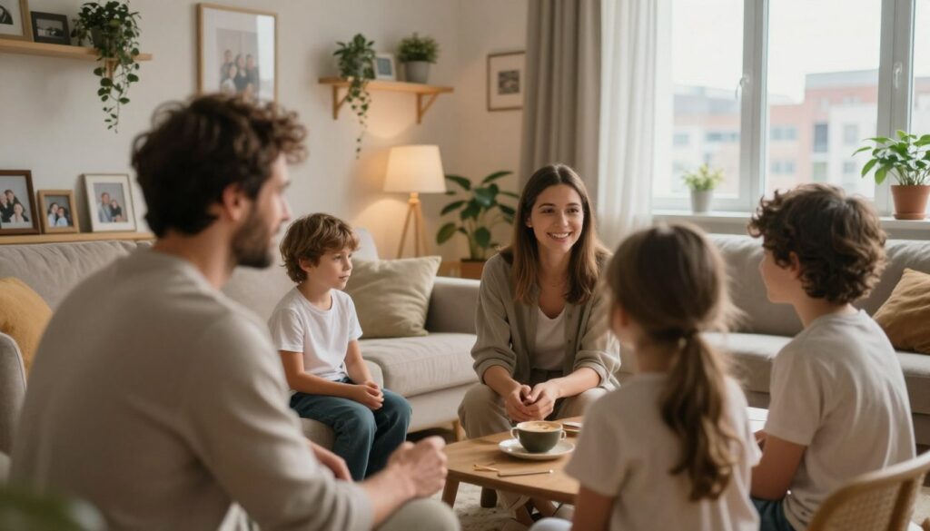 A warm, intimate family scene featuring Filip Gurłacz with his family members in a cozy living space. In the foreground, capture Filip interacting with his partner and children, showcasing their affectionate dynamics, all dressed in modest, casual clothing. The middle ground should include a softly lit living room filled with personal touches, like family photos and plants, inviting a sense of homeliness. The background can reveal a glimpse of a cityscape through large windows, indicating their urban residence. Use soft, natural lighting to create a warm atmosphere, and employ a slight depth-of-field effect to focus on the family while gently blurring the surroundings. The overall mood should reflect love, connection, and everyday life.