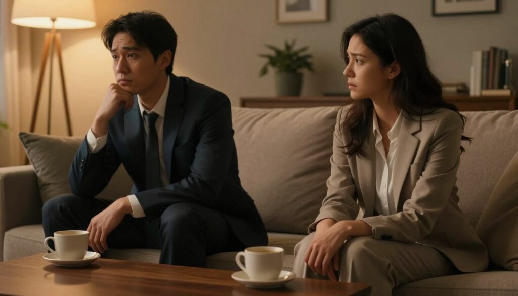 A warm, inviting living room scene, subtly reflecting a sense of unease. In the foreground, a couple sits on a couch, both dressed in professional business attire. The husband appears distant and distracted, looking away with a thoughtful expression, while the wife gazes at him, concern etched on her face. In the middle, a coffee table holds untouched cups, symbolizing a disconnect between them. The background features soft, warm lighting that creates an intimate atmosphere, yet the shadows hint at tension. The angle captures the interaction between the couple, showcasing their emotional distance. The overall mood conveys a sense of shifting dynamics in a once-harmonious home environment, illustrating early warning signs of changing behavior. A warm, inviting living room scene, subtly reflecting a sense of unease. In the foreground, a couple sits on a couch, both dressed in professional business attire. The husband appears distant and distracted, looking away with a thoughtful expression, while the wife gazes at him, concern etched on her face. In the middle, a coffee table holds untouched cups, symbolizing a disconnect between them. The background features soft, warm lighting that creates an intimate atmosphere, yet the shadows hint at tension. The angle captures the interaction between the couple, showcasing their emotional distance. The overall mood conveys a sense of shifting dynamics in a once-harmonious home environment, illustrating early warning signs of changing behavior.