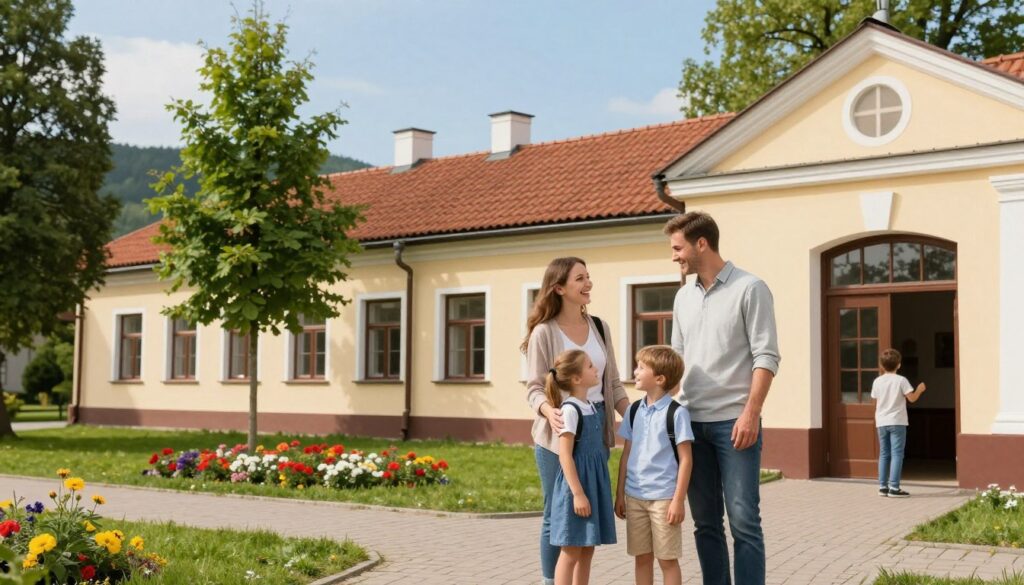 A warm, inviting scene depicting a family gathered outside a school in Szczyrk, Poland, showcasing a sense of community and connection. In the foreground, a family of four stands together, dressed in comfortable, modest clothing, smiling and interacting with each other. The mother, father, and two children are sharing a moment of laughter as they prepare to enter the school building. In the middle ground, the school building features traditional architecture, surrounded by lush green trees and colorful flowers. In the background, gentle hills frame a clear blue sky, signifying a serene environment. The lighting is bright and cheerful, evoking a sense of optimism and happiness, with soft shadows enhancing the warmth of the scene. The image captures the essence of family and education in a picturesque setting.