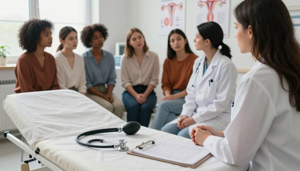 A well-lit gynecological examination room, featuring a comfortable examination table draped with clean linens. In the foreground, a close-up shot of various medical tools like a stethoscope, a sphygmomanometer, and a clipboard holding medical records. In the middle ground, a female gynecologist in professional attire, attentively discussing a patient's health with a diverse group of women, all dressed modestly in smart casual clothes, showcasing different expressions of concern and curiosity. The background includes sterile medical equipment and anatomical posters about the menstrual cycle and stress impacts, creating an informative atmosphere. Soft, natural lighting filters through a window, enhancing the calm and professional mood of the scene.