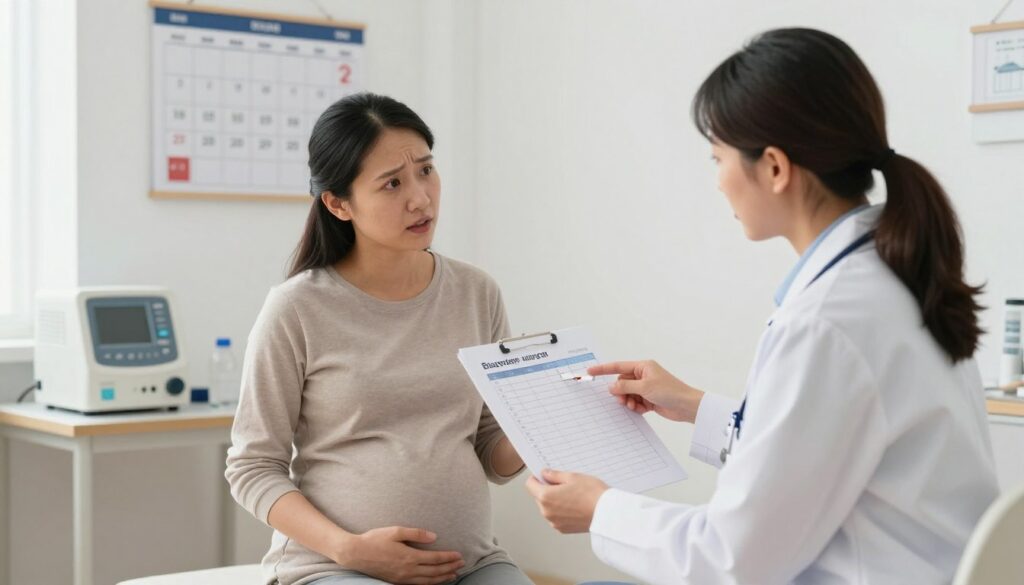 A well-lit, professional medical consultation setting, focusing on a pregnant woman in modest attire, seated with a concerned yet hopeful expression while discussing her glucose tolerance test with a doctor in a white coat. The doctor, a middle-aged female, is pointing to a chart showing the timeline of glucose testing during pregnancy. In the background, a large calendar is hung on the wall, marked with notable pregnancy weeks, and medical equipment is neatly arranged on a nearby table. Soft, natural lighting filters through a window, creating an inviting atmosphere that reflects the importance of monitoring health during pregnancy. The scene emphasizes care and professionalism, capturing a moment of informative discussion between caregiver and patient.
