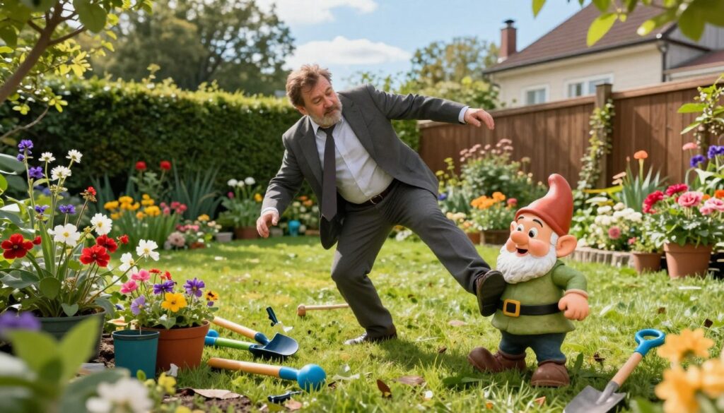 A whimsical garden scene featuring a humorous accident involving a well-dressed, middle-aged man resembling Jerzy Kryszak, playfully stumbling over a garden gnome in a vibrant backyard filled with blooming flowers and greenery. In the foreground, there's a colorful array of garden tools scattered around him, and the gnome's surprised expression adds a comedic touch. The middle ground showcases a neatly kept lawn, adorned with hedges and a wooden fence. In the background, a glimpse of a cozy house can be seen under a clear blue sky, with sunlight filtering through the trees, creating a warm and inviting atmosphere. The overall mood is light-hearted and amusing, capturing a moment of unexpected fun in a serene setting.