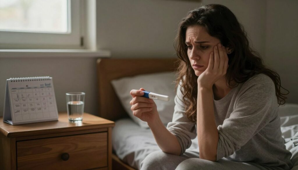 A woman sits on the edge of a bed, her expression reflecting concern and contemplation. She holds a pregnancy test in one hand, with a look of uncertainty on her face. The foreground features warm, soft lighting that creates an intimate atmosphere, while the middle ground reveals a cluttered nightstand with a calendar marked with emotional notes and a glass of water. In the background, a window lets in natural light, casting gentle shadows and giving a glimpse of a slightly disordered room. The mood is introspective and slightly anxious, capturing the essence of stress and its impact on the menstrual cycle. The overall color palette consists of soothing earth tones, enhancing the emotional weight of the scene.