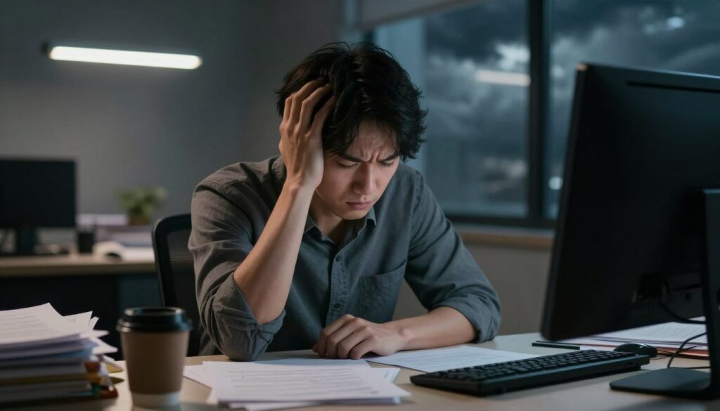 A worried individual sitting at a cluttered desk, surrounded by paperwork and a computer, visibly stressed with furrowed brows and a tense posture. In the foreground, the person's hand is clutching their head, conveying a feeling of overwhelming anxiety. The middle ground features a dimly lit office environment with scattered coffee cups, a flickering fluorescent light, and disorganized files that symbolize chaos. The background subtly illustrates an ominous stormy sky through a window, enhancing the atmosphere of pressure and turmoil. Soft, moody lighting casts shadows, creating a sense of heaviness and stress. The image conveys a palpable feeling of distress, showcasing how prolonged stress negatively affects the body and mind. A worried individual sitting at a cluttered desk, surrounded by paperwork and a computer, visibly stressed with furrowed brows and a tense posture. In the foreground, the person's hand is clutching their head, conveying a feeling of overwhelming anxiety. The middle ground features a dimly lit office environment with scattered coffee cups, a flickering fluorescent light, and disorganized files that symbolize chaos. The background subtly illustrates an ominous stormy sky through a window, enhancing the atmosphere of pressure and turmoil. Soft, moody lighting casts shadows, creating a sense of heaviness and stress. The image conveys a palpable feeling of distress, showcasing how prolonged stress negatively affects the body and mind.