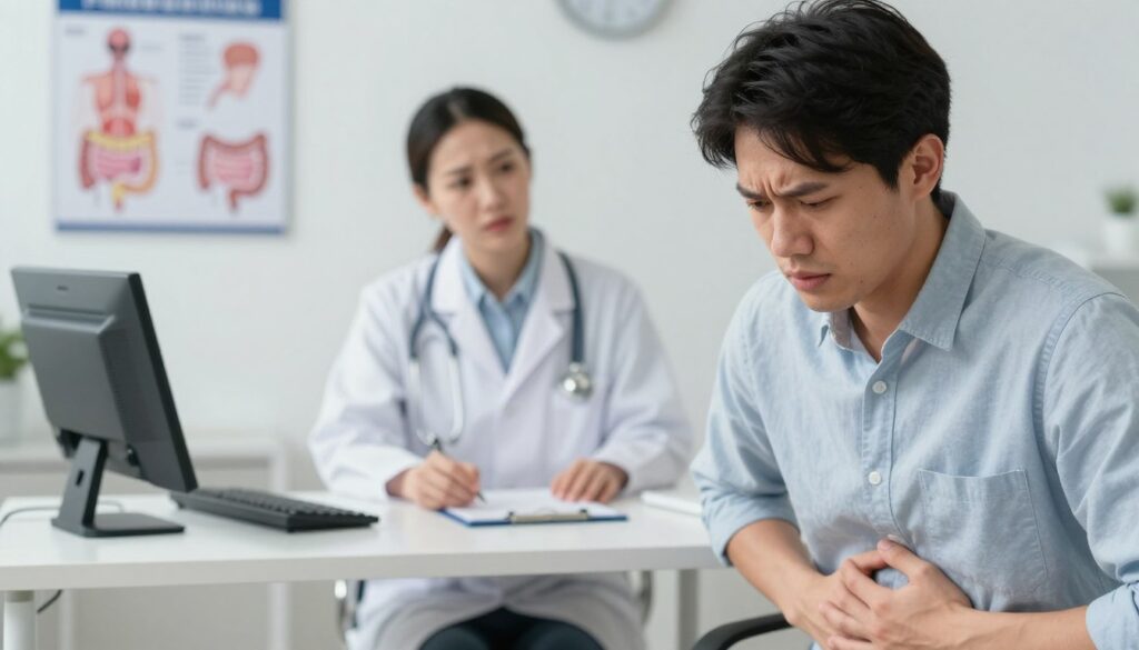 A worried individual sitting in a tidy, well-lit doctor's office, holding their stomach and displaying signs of distress. The foreground features a close-up of their face, capturing the look of anxiety and discomfort. In the middle, a healthcare professional in a white coat is attentively observing the patient, suggesting empathy and concern. The background contains medical charts and diagrams related to gastrointestinal health, emphasizing a clinical and informative environment. Soft, natural lighting fills the room, creating a calm yet serious atmosphere. The angle is slightly tilted to focus on the patient’s expression, conveying the urgency and importance of recognizing alarming symptoms that require immediate medical consultation.