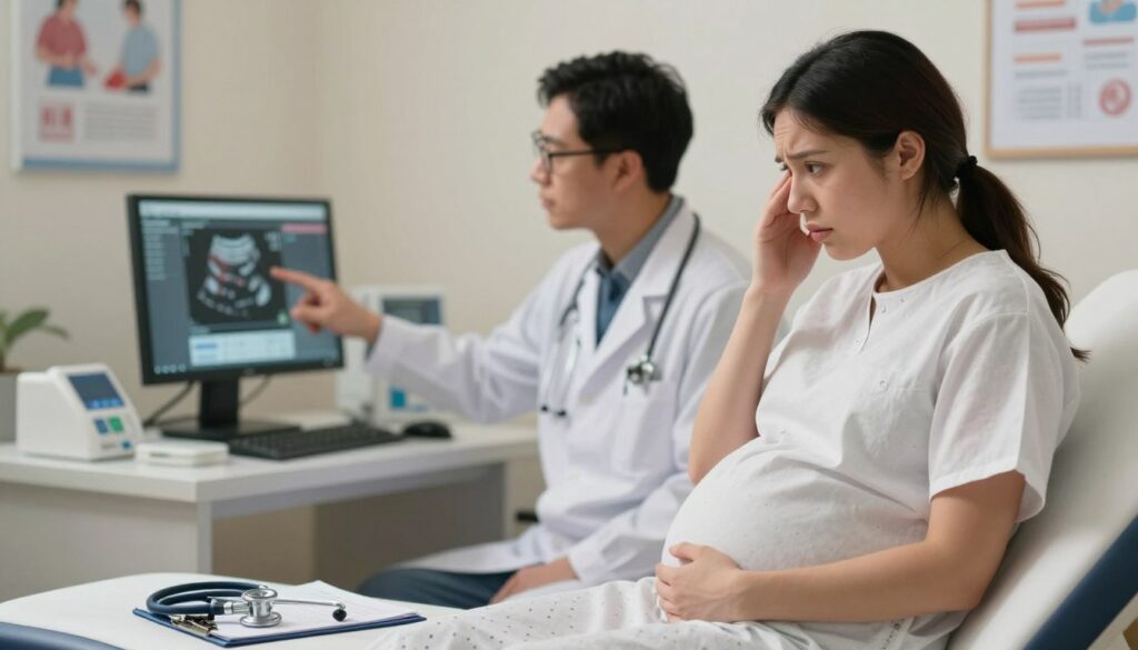 A worried pregnant woman in a doctor's office, sitting on a medical examination table with an anxious expression, wearing a modest hospital gown. In the foreground, a stethoscope and medical chart are visible, symbolizing urgency. In the middle ground, a physician in professional attire is consulting with the woman, pointing to a monitor displaying medical charts, emphasizing the importance of understanding alarm symptoms during pregnancy. The background features soft, warm lighting to create a calming atmosphere, with medical posters and equipment gently blurred to keep focus on the interaction between the doctor and the patient. The overall mood is serious yet hopeful, capturing the essence of seeking medical help when alarm symptoms arise in pregnancy.