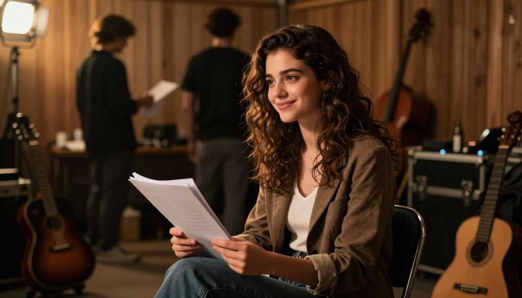 A young woman named Vanessa Aleksander sitting elegantly in a cozy, softly lit backstage area filled with musical instruments and warm wooden accents. She has wavy, dark brown hair, dressed in a chic yet modest outfit that blends casual and professional styles. The foreground captures her smiling thoughtfully while holding a script, exuding creativity and joy, as soft golden light illuminates her face. In the middle ground, shadows from studio lights create a dynamic atmosphere, hinting at the bustling activity of performance preparations. The background features blurred silhouettes of crew members and instruments, establishing the behind-the-scenes vibe. The mood is warm and friendly, evoking a sense of lifelong friendship and artistic collaboration in the performing arts.