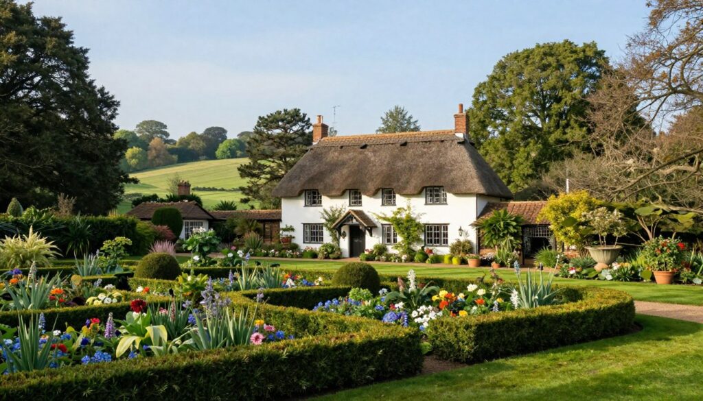 Adelaide Cottage, a charming and historic residence, is depicted amidst the lush greenery of Windsor Great Park. In the foreground, a well-manicured garden features vibrant flower beds and manicured hedges, reflecting a serene and inviting atmosphere. The middle layer showcases the elegant cottage itself, with its classic architecture, white walls, and a traditional thatched roof, framed by tall trees. In the background, the expansive park stretches into soft rolling hills under a clear blue sky. The soft morning light bathes the scene, casting gentle shadows and creating a warm, welcoming glow. The overall mood is peaceful and idyllic, representing a perfect family home in a picturesque setting, with no people or distractions in the image.