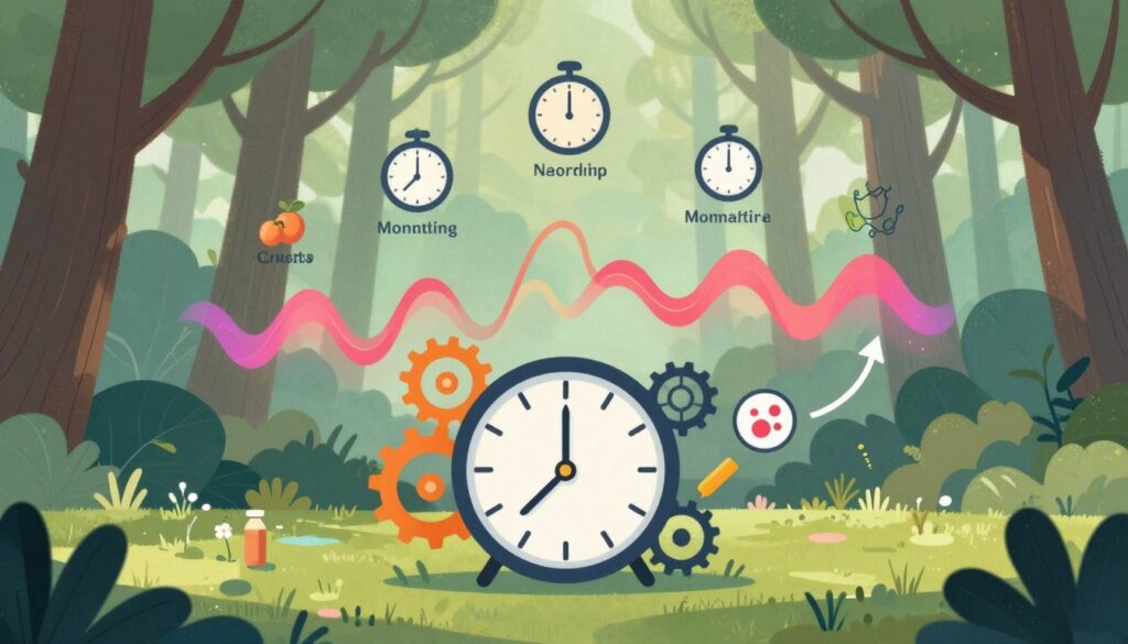 An illustration depicting various factors disrupting menstrual cycles, focusing on visual elements like clocks, hormonal symbols, and environmental stressors. In the foreground, a stylized, large clock with gears represents the cycle's regularity, surrounded by icons of nutrition, stress, and lifestyle choices. The middle layer features abstract representations of hormonal fluctuations and their effects, such as vibrant waves and fluctuating lines. In the background, a calming landscape conveys a dense forest with soft, diffused sunlight filtering through the trees, creating a serene yet informative atmosphere. The overall mood is contemplative, aiming to evoke understanding and reflection on the complexities of menstrual health. The composition should be balanced and harmonious, with a focus on clarity and educational value.