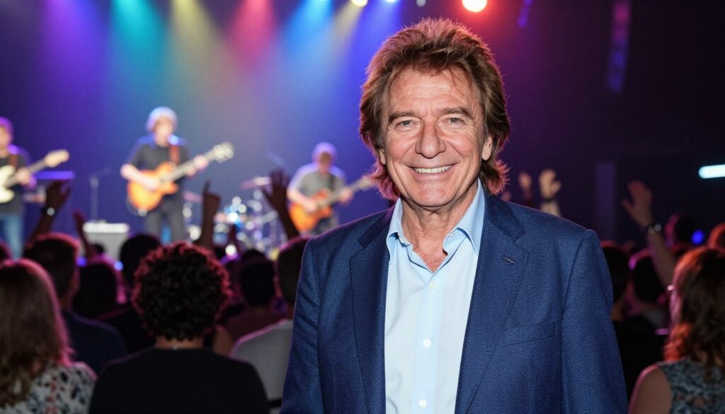 Andrzej Rosiewicz, a charismatic Polish artist known for his iconic pop music, stands confidently in the foreground, wearing a stylish, well-fitted blazer over a classic shirt, symbolizing his vibrant musical career. His friendly smile radiates warmth and approachability. In the middle ground, suggest silhouettes of concert-goers enjoying his performance, capturing the energy of his cult following. The background features a softly lit stage with colorful lights illuminating the scene, evoking a lively atmosphere. The mood is celebratory and nostalgic, reflecting Rosiewicz's significant contributions to music. The image should be well-composed, with a focus on natural lighting that highlights his features, creating a vibrant yet professional setting that portrays both his artistic spirit and personal charm.