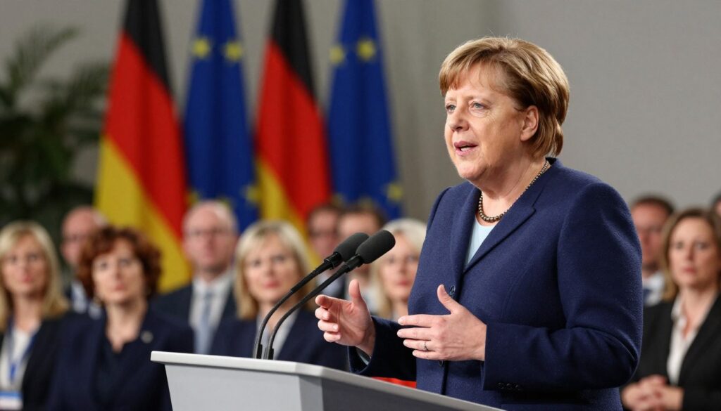 Angela Merkel standing confidently at a podium during a public speaking engagement, dressed in a tailored navy blazer and light blouse, exuding authority and warmth. The foreground features her poised expression, with hands gesturing as she makes a point. In the middle ground, a captivated audience of diverse individuals is visible, reflecting interest and engagement. The background includes a soft focus of flags representing Germany and the European Union, creating a sense of place and significance. The scene is illuminated with warm, natural lighting, simulating a late afternoon conference vibe, capturing an atmosphere of inspiration and dedication. The composition utilizes a slight low-angle perspective to emphasize her stature as a leader.
