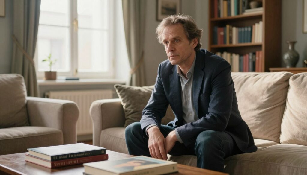 Artur Żmijewski, a middle-aged Polish actor, is sitting thoughtfully in a cozy, elegantly furnished living room that reflects a private and serene atmosphere. The foreground features a coffee table with a few books about art and culture, hinting at his intellectual pursuits. Artur is dressed in smart-casual attire, wearing a well-fitted blazer over a simple shirt, exuding a sense of confidence and poise. The middle ground includes a soft sofa and tasteful decor, with light streaming in through a large window, casting warm rays across the room. In the background, a bookshelf filled with curated selections suggests a life dedicated to knowledge and privacy, as an atmosphere of tranquility and introspection permeates the scene. The composition is balanced and visually appealing, shot with a soft focus for an intimate feel.