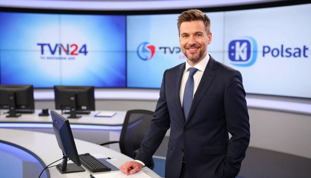Create an image of a well-dressed male presenter in a professional business suit, embodying a blend of charisma and confidence as he stands in a modern studio setting. The foreground features the presenter, Tomasz Wolny, presenting news with a warm smile, highlighting his engaging personality. In the middle ground, include a sleek news desk adorned with high-tech gadgets, while in the background, large screens display various logos of TV networks like TVN24, TVP, Kanal Zero, and Polsat. Use soft lighting to create an inviting atmosphere, and capture the scene from a slightly elevated angle, suggesting a dynamic news environment. The mood should convey professionalism and energy, perfect for a prominent media figure.