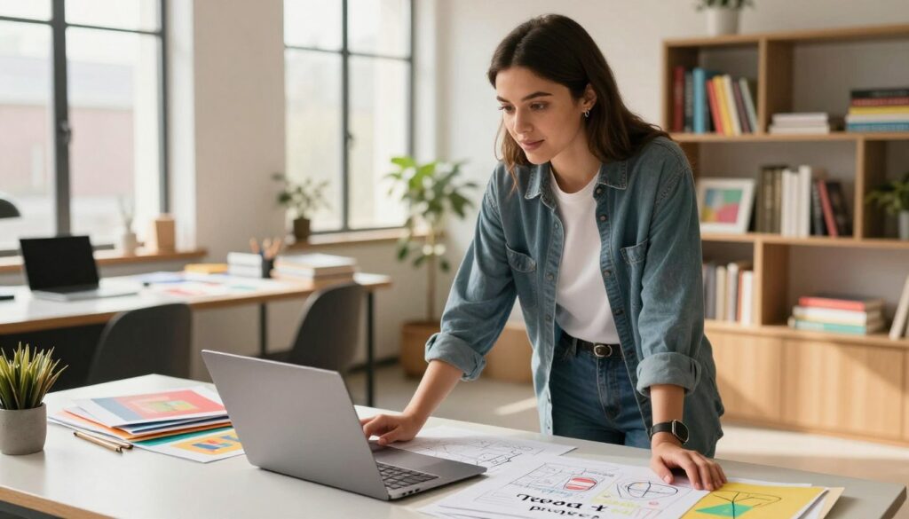 Eliza Borowiak, a young woman in her twenties, stands confidently in a modern creative workspace, with her dark hair styled neatly and wearing smart casual attire. The foreground features her engaging expression as she reviews plans for the Teenz project, showcasing a laptop and colorful sketches around her. In the middle ground, a sleek desk filled with design materials and vibrant artwork hints at a lively atmosphere of creativity. The background reveals large windows allowing natural sunlight to pour in, illuminating the room, and a bookshelf filled with inspiring books. The mood is vibrant and innovative, emphasizing a sense of purpose and dedication to her project. The lighting is warm and inviting, shot at a slight angle to capture the dynamism of the scene.