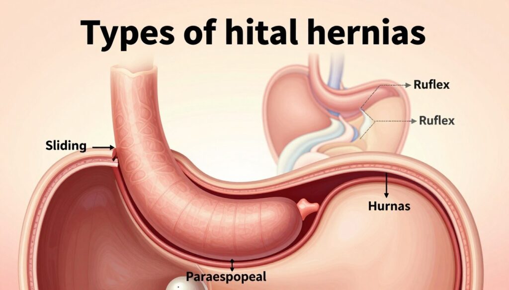 Illustrate the concept of "types of hiatal hernias" in a detailed and informative manner. In the foreground, depict a labeled anatomical illustration of the esophagus and diaphragm, showcasing different types of hiatal hernias: sliding, paraesophageal, and mixed hernias, distinctively marked for clarity. In the middle ground, create a soft focus diagrammatic representation of symptoms such as reflux and discomfort, represented by subtle graphics like arrows or gentle waves emanating from the esophagus. The background should be a calming, neutral gradient color to enhance the focus on the anatomical details. Use warm, natural lighting to create a professional and educational ambience, reminiscent of a medical textbook illustration. The mood should be informative and scholarly, inviting viewers to understand the anatomical complexities related to hiatal hernias.
