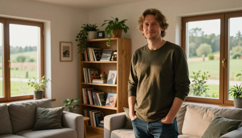 Kamil Bednarek, a Polish musician, is portrayed standing confidently in his cozy, contemporary living space, reminiscent of a stylish home in the countryside. In the foreground, he is wearing casual yet smart attire, showcasing his approachable demeanor. The middle ground features a bookshelf filled with music memorabilia and plants, creating a personal touch. Soft, natural light filters through large windows, casting warm shadows and highlighting the serenity of his home. In the background, a glimpse of a picturesque garden can be seen, adding to the peaceful atmosphere. The overall mood is relaxed and inviting, reflecting his life away from the stage. The image should be captured from a slightly angled perspective to emphasize depth and warmth.