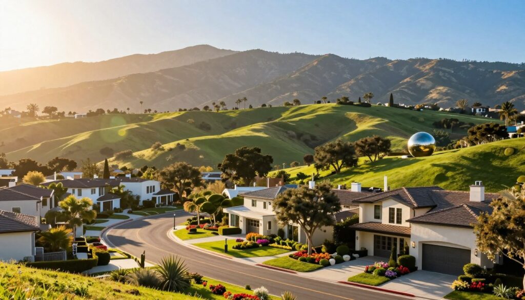 Lush, rolling hills of Hidden Hills, California, bathed in the warm glow of a late afternoon sun. In the foreground, a serene, winding road leads to elegant, modern homes with manicured lawns and vibrant flowers. The middle ground features oak trees casting dappled shadows and large sculptures that reflect wealth and sophistication. In the background, the iconic Santa Monica Mountains rise majestically, silhouetted against a clear blue sky. The overall mood is tranquil yet opulent, embodying the lifestyle of the affluent residents. Soft lens flares enhance the golden light, creating a dreamy atmosphere. Capture this luxurious hillside neighborhood from a slightly elevated perspective, emphasizing its exclusivity and charm. No people are present; the landscape alone tells the story of hidden luxury.