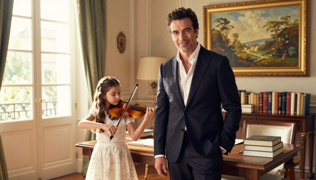 Roberto Alagna, a renowned tenor, stands confidently in a sophisticated home study, surrounded by books and elegant decor that reflects his artistic life. In the foreground, he is dressed in a tailored dark suit, exuding charisma and warmth as he smiles gently. His daughter, Malèna, plays with a small violin in the middle ground, adding a familial touch to the scene. Sunlight streams through large windows, casting soft shadows and illuminating the room with a warm, inviting glow. In the background, a beautiful landscape painting on the wall hints at a serene outdoor setting, enhancing the atmosphere of a harmonious family life. The image conveys a sense of connection, happiness, and the balance between career and family.