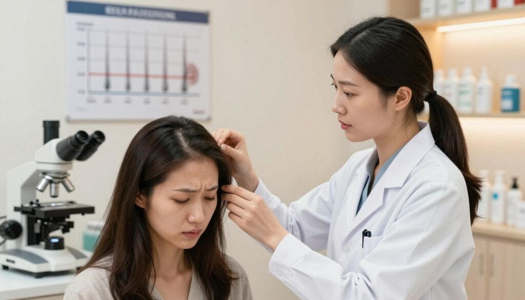 A focused scene in a dermatology clinic, highlighting a professional consultation about telogen effluvium. In the foreground, a compassionate female dermatologist, dressed in a white lab coat, is examining a worried female patient’s hairline. The patient has a visible thinning crown, conveying concern, with a gentle light illuminating her face. In the middle, a dermatological chart displaying hair growth cycles is pinned to the wall, while a high-tech microscope is on the desk, showcasing a professional environment. The background features soft, warm lighting with shelves of treatment products. The mood is serious yet supportive, emphasizing the importance of recognizing hair loss symptoms related to stress. The composition should be well-balanced, avoiding clutter to focus attention on the consultation.