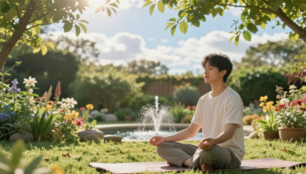 A serene and tranquil setting depicting a person practicing stress relief techniques. In the foreground, a young adult, dressed in comfortable, casual clothing, sits cross-legged on a soft yoga mat, eyes closed in meditation. In the middle, a lush green garden with blooming flowers and gentle flowing water from a small fountain enhances the tranquility. Soft, warm sunlight filters through the leaves overhead, casting dappled light on the scene. In the background, a calming blue sky with fluffy white clouds contributes to the peaceful atmosphere. The mood is reflective and serene, emphasizing harmony and relaxation, as the person connects with nature to manage daily stress.