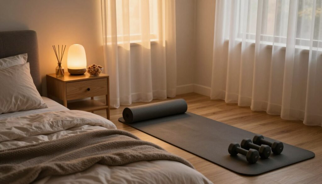 A serene bedroom setting at dusk, highlighting the importance of sleep hygiene and physical activity. In the foreground, a cozy bed with neatly arranged pillows and a soft blanket, exuding comfort. A nightstand with a calming diffuser and a healthy bedtime snack, like a bowl of nuts. In the middle, a yoga mat lays on the floor, rolled out beside a set of dumbbells, suggesting active lifestyle choices. The background showcases a gently illuminated window with sheer curtains, letting in soft golden light that creates a tranquil atmosphere. Soft, warm colors dominate the scene, enhancing a feeling of relaxation and well-being. The overall composition radiates harmony and balance, emphasizing the connection between emotional regulation, restful sleep, and physical activity.