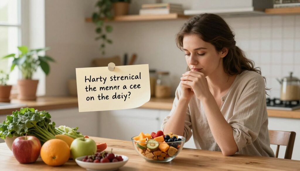 A serene kitchen setting in warm, soft lighting, where a woman in modest casual clothing sits at a table, surrounded by healthy foods like fruits and vegetables. In the foreground, she contemplates a beautifully arranged bowl of colorful snacks, reflecting her focus on mindful eating. In the middle, a guiding note is visible, symbolizing practical strategies to manage stress through nutritious choices. The background features calming houseplants and shelves filled with cookbooks, emphasizing a nurturing atmosphere. A gentle, supportive vibe permeates the scene, integrating a sense of reflection and empowerment, showcasing the journey of regaining control over emotional eating in a tranquil environment.
