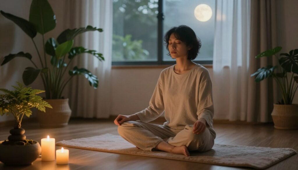 A serene meditation scene, featuring an individual sitting cross-legged on a soft, plush yoga mat in a tranquil room. The person, dressed in modest, comfortable loungewear, is surrounded by soft, diffused lighting that casts a warm glow, promoting relaxation. In the foreground, a small table holds calming candles and a zen garden, enhancing the peaceful atmosphere. The middle ground showcases lush green plants offering a sense of nature, while the background reveals a large window with sheer curtains, softly filtering moonlight. The overall mood is calming and introspective, encouraging feelings of serenity and mental clarity, capturing the essence of meditation for sleep and stress relief.