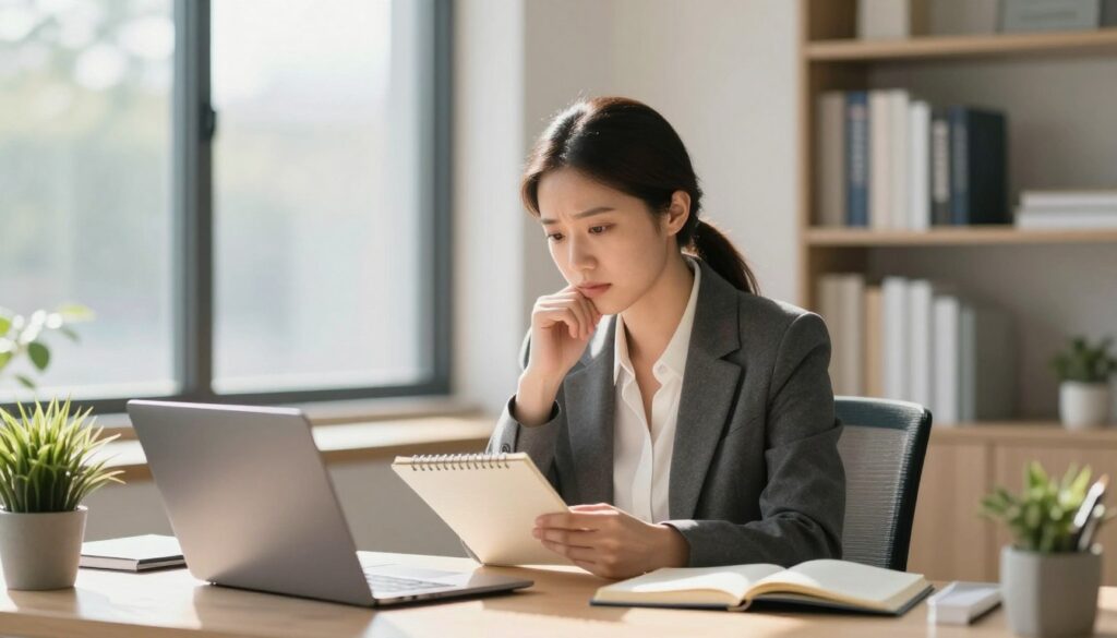 A serene office environment focused on a professional woman in business attire sitting at a desk, looking thoughtfully at a notepad. The foreground features a well-organized desk with a laptop, a potted plant, and an open notebook. In the middle ground, a large window reveals a bright, sunny day, casting gentle sunlight across the room, creating a warm and inviting atmosphere. The background includes soft, blurred shelves lined with books related to mental health and wellness. The overall mood is calm and introspective, emphasizing the importance of seeking professional help during stressful times. Capture this scene with a shallow depth of field, highlighting the subject's expression while softly blurring the background for focus.