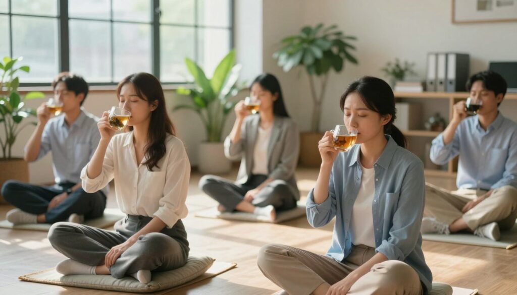 A serene office environment portraying immediate stress relief techniques. In the foreground, a diverse group of professionals—two women and one man—are engaged in various calming activities, such as deep breathing exercises and sipping herbal tea, all dressed in smart casual attire. The middle ground showcases a cozy area with plants and soft cushions, enhancing a tranquil atmosphere. In the background, large windows let in natural light, creating a warm and inviting space. Soft shadows play across the floor, emphasizing a sense of calm. The overall mood is peaceful and restorative, with gentle color tones like greens and soft blues, inviting feelings of relaxation and relief from stress. The scene is captured with a soft focus lens, creating a dreamy, immersive quality.