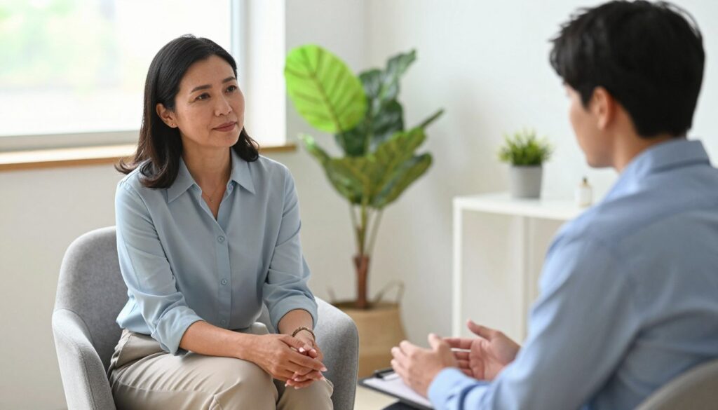 A serene office setting, focusing on a professional therapist and a client engaged in a supportive conversation. In the foreground, the therapist, a middle-aged woman in smart casual attire, sits comfortably with a compassionate expression, actively listening. The client, a young man in business attire, appears relieved as he shares his feelings. In the middle background, calming indoor plants and soft natural light streaming through a window create a sense of tranquility. The atmosphere is warm and inviting, emphasizing empathy and hope. The angle is slightly above eye level, capturing the emotional connection between the two subjects. The color palette features soft blues and greens, enhancing the feeling of peace and professional support.