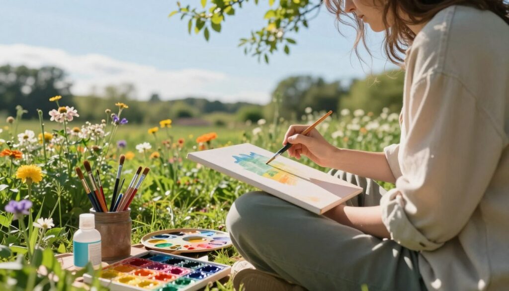 A serene outdoor scene depicting an individual engaging in a relaxing hobby, representing the concept of "free time." In the foreground, a person dressed in comfortable casual clothing is painting on a canvas, surrounded by an array of colorful paints and brushes. In the middle ground, lush greenery and blooming flowers create a vibrant and inviting atmosphere, while a gentle breeze rustles the leaves. The background features distant trees and a clear blue sky, with soft sunlight filtering through, casting warm highlights on the scene. The overall mood is tranquil and uplifting, emphasizing the importance of leisure and hobbies in maintaining balance and reducing stress. The angle captures the subject slightly off-center, allowing for a sense of depth and inviting the viewer into the serene environment.