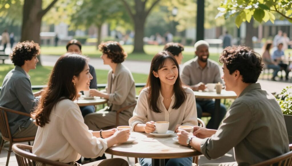 A serene setting depicting a diverse group of individuals engaging in meaningful social interaction. In the foreground, a group of three people, two women and one man, are seated at a sunlit café table, sharing laughter over coffee, dressed in smart casual attire. Vibrant greenery and soft sunlight create a warm and inviting atmosphere, fostering a sense of connection. In the middle ground, additional friends converse joyfully, showcasing a variety of friendships, from colleagues to family members. The background reveals a tranquil park with trees and benches, emphasizing community and relaxation. The scene is captured with soft focus to enhance warmth and intimacy, evoking a sense of calm and support, reflecting the importance of social relationships in stress reduction. Natural light filters through, creating a gentle, uplifting mood.