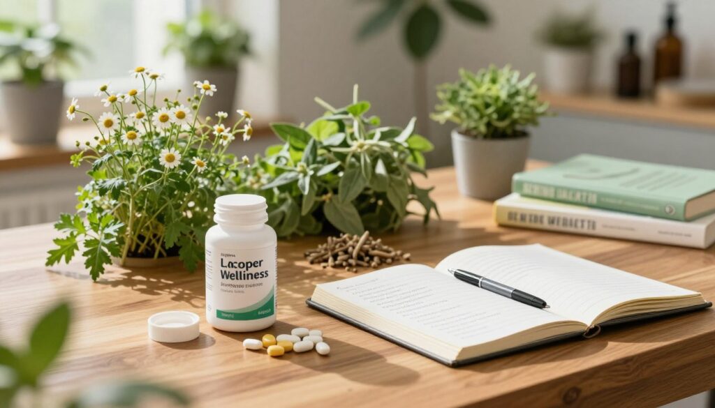 A serene, well-lit workspace setting designed for health and wellness. In the foreground, a polished wooden desk features an open bottle of dietary supplements, including vitamins and minerals, alongside a notepad filled with notes on safety and interactions. In the middle ground, a thoughtfully arranged selection of herbal plants like chamomile and ashwagandha provide a holistic touch. The background suggests a cozy, sunlit room with green potted plants and educational books about nutrition and supplementation. Soft, natural lighting casts gentle shadows, while a calming color palette of greens and earth tones creates a tranquil atmosphere. The overall mood is one of safety, wellness, and professionalism, emphasizing a thoughtful approach to dietary supplements.