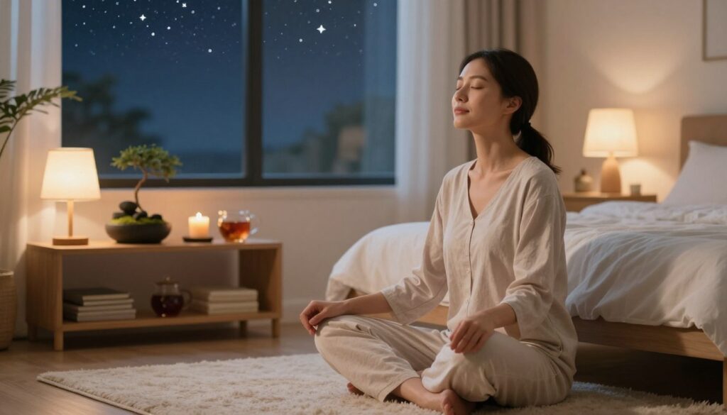 A tranquil bedroom setting during twilight, softly illuminated by gentle, warm light emanating from bedside lamps. In the foreground, a peaceful person, a woman in modest sleepwear, sits cross-legged on a plush rug, practicing the 4-7-8 breathing technique. Her eyes are closed, and a serene expression graces her face, radiating calmness. In the middle ground, a beautifully arranged shelf displays elements of relaxation: a small zen garden, a scented candle, and herbal teas. The background features a large window revealing a serene night sky filled with twinkling stars. The overall atmosphere is one of peace and tranquility, promoting a sense of relaxation and readiness for sleep. The image is captured with a soft focus, using a warm color palette to evoke a sense of comfort and serenity.