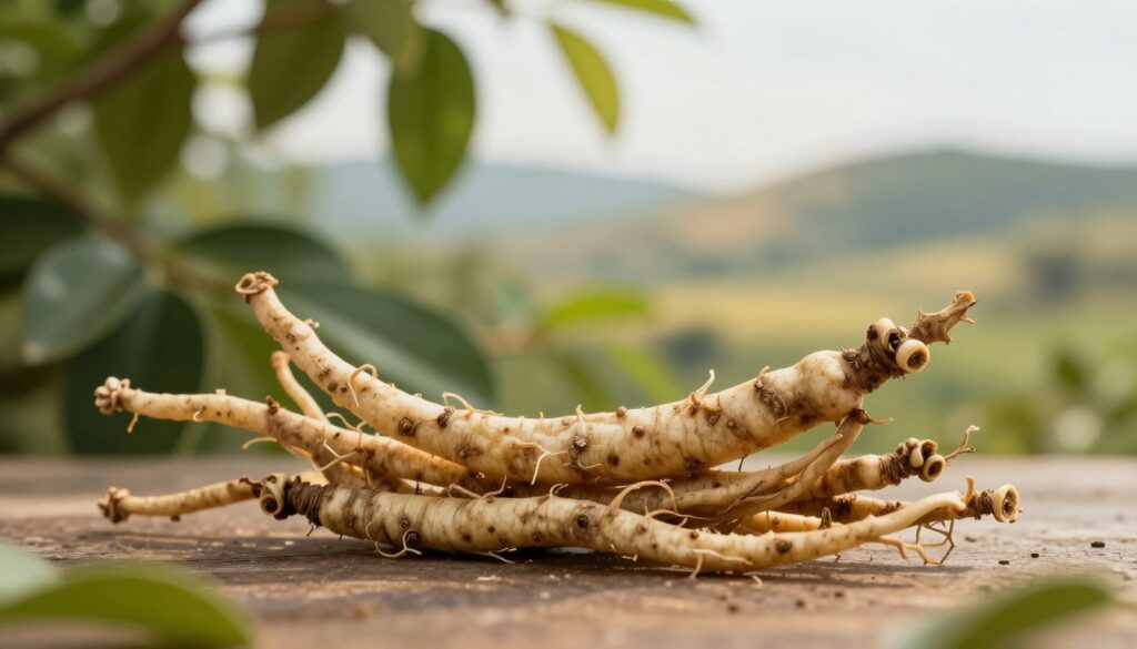 A tranquil natural setting features a close-up of ashwagandha roots prominently displayed in the foreground, showcasing their textured, earthy contours. The middle ground incorporates softly blurred green leaves and subtle hints of sunlight filtering through the foliage, creating a serene atmosphere. In the background, a peaceful landscape fades into a gentle hillside, symbolizing calmness and balance. The lighting is warm and inviting, capturing the essence of wellness and vitality. The composition is framed at a slight angle, enhancing depth and perspective. The mood is restorative and peaceful, evoking a sense of relaxation and support for the nervous system, illustrating the benefits of ashwagandha in stress reduction.